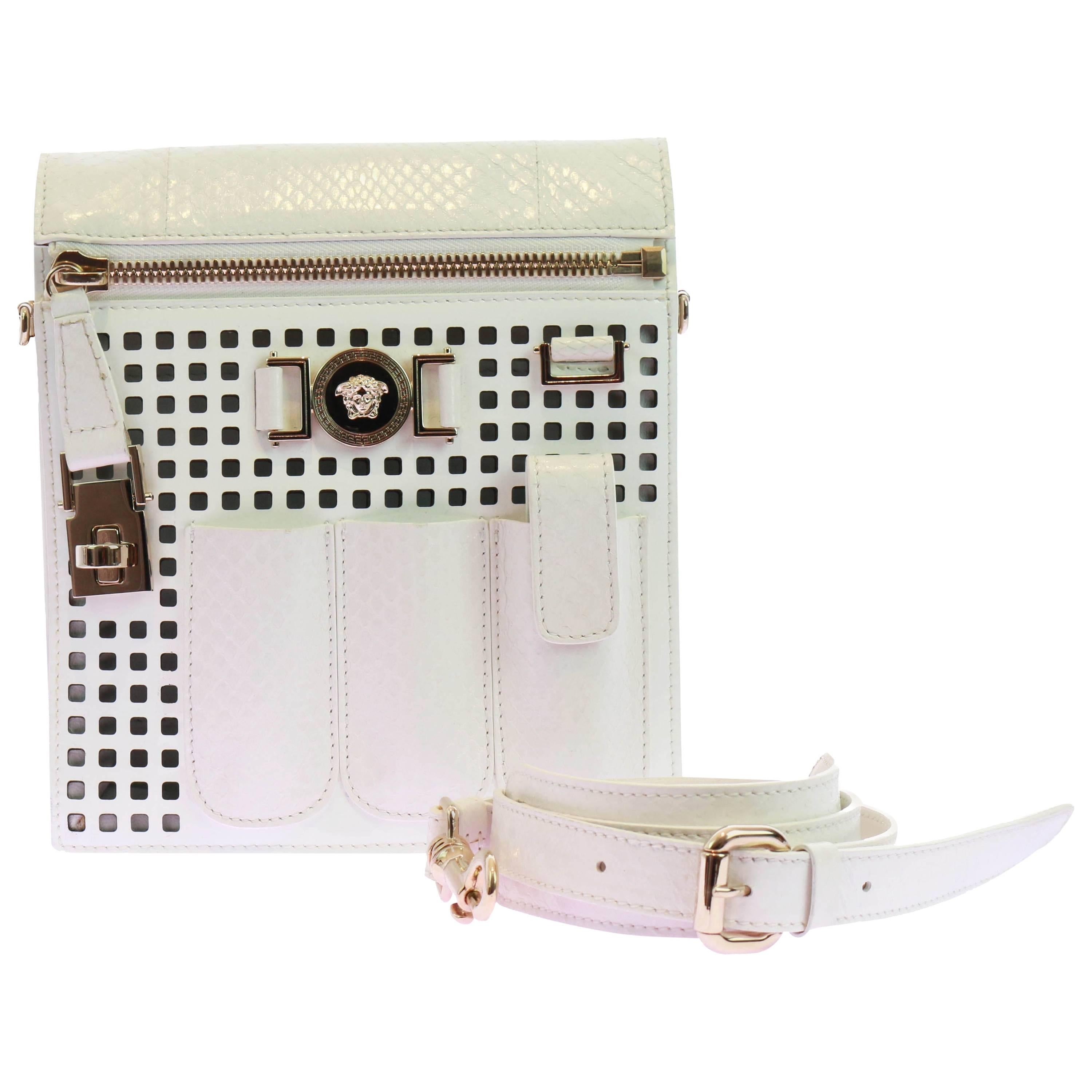New VERSACE PERFORATED PATENT LEATHER WHITE CROSSBODY BAG