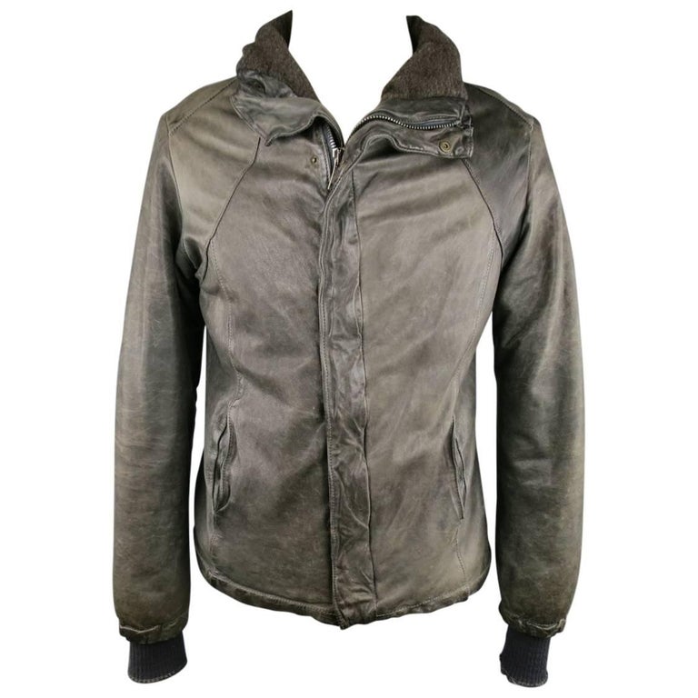 GIORGIO BRATO 38 Taupe Distressed Leather and Silk High Collar Jacket ...