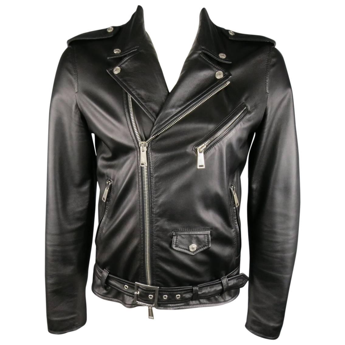 Men's DSQUARED2 42 Black Leather Motorcycle Jacket