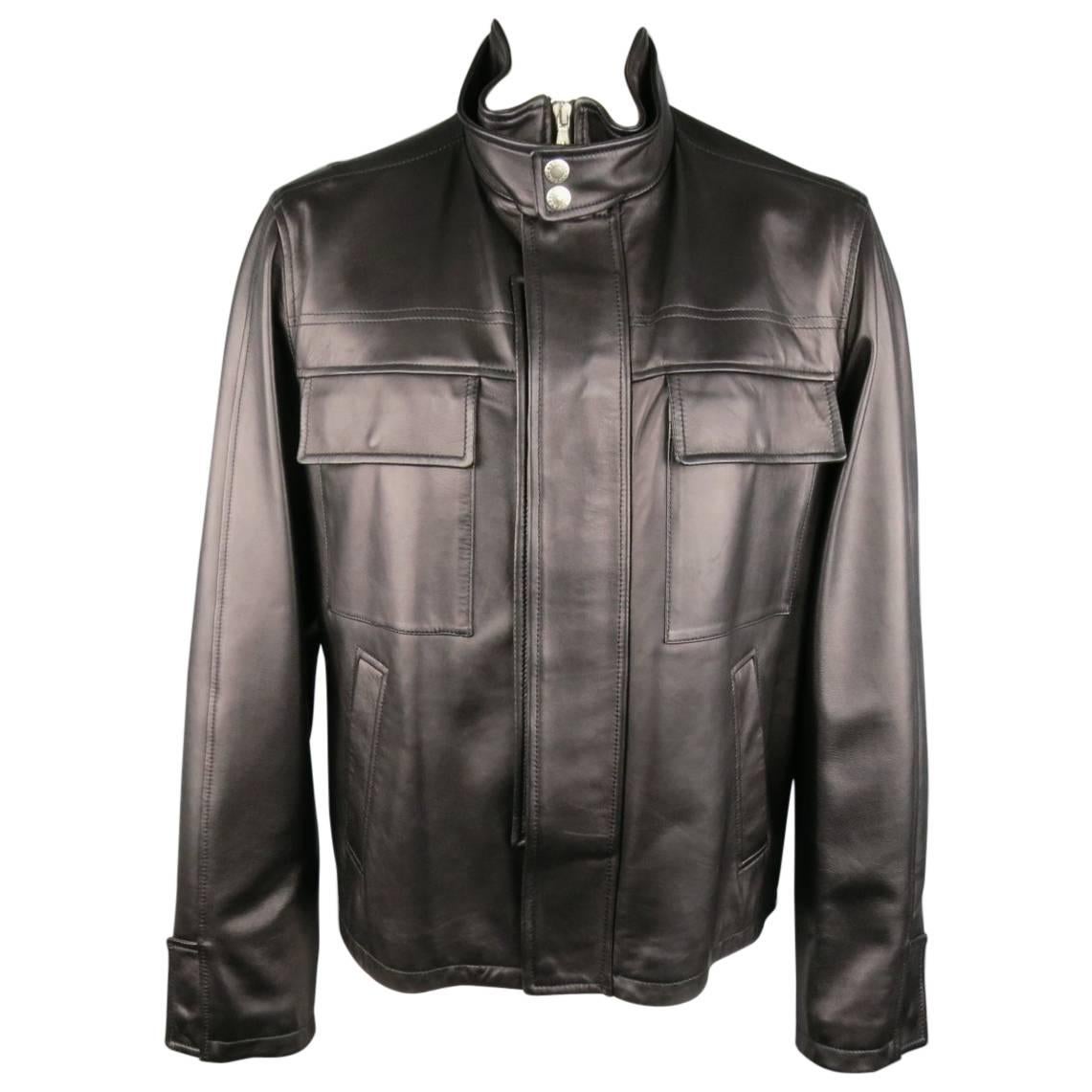 Men's DOLCE & GABBANA 44 Black High Collar Hidden Placket Leather Jacket