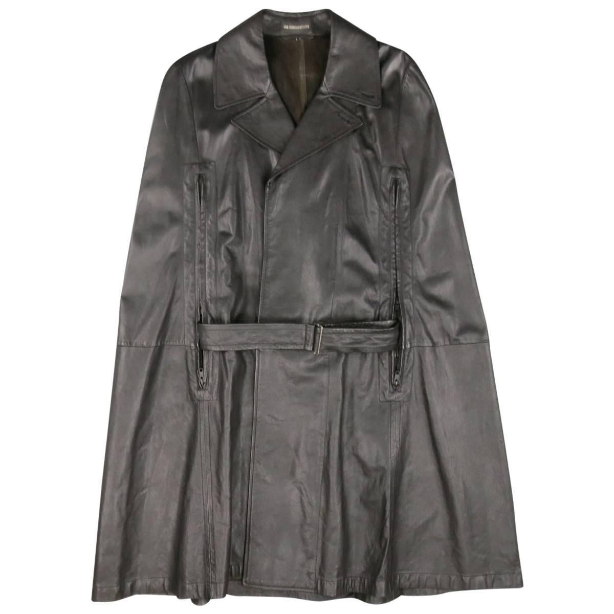 ANN DEMEULEMEESTER 38 Black Leather Double Breasted Pointed Lapel Cape