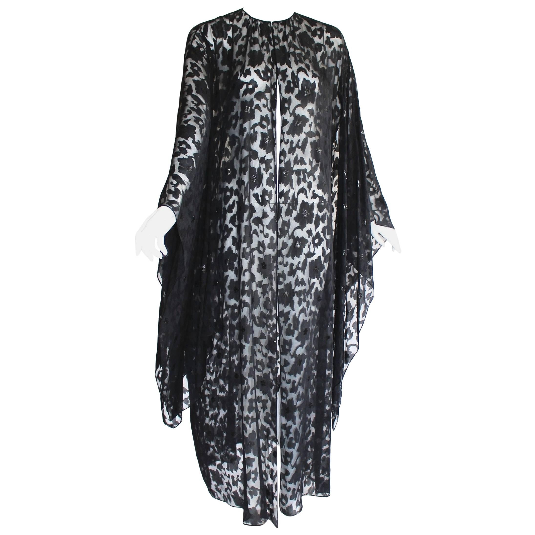 Nina Ricci Couture Black Floral Devoré  Silk Kimono Sleeve Caftan  Dress