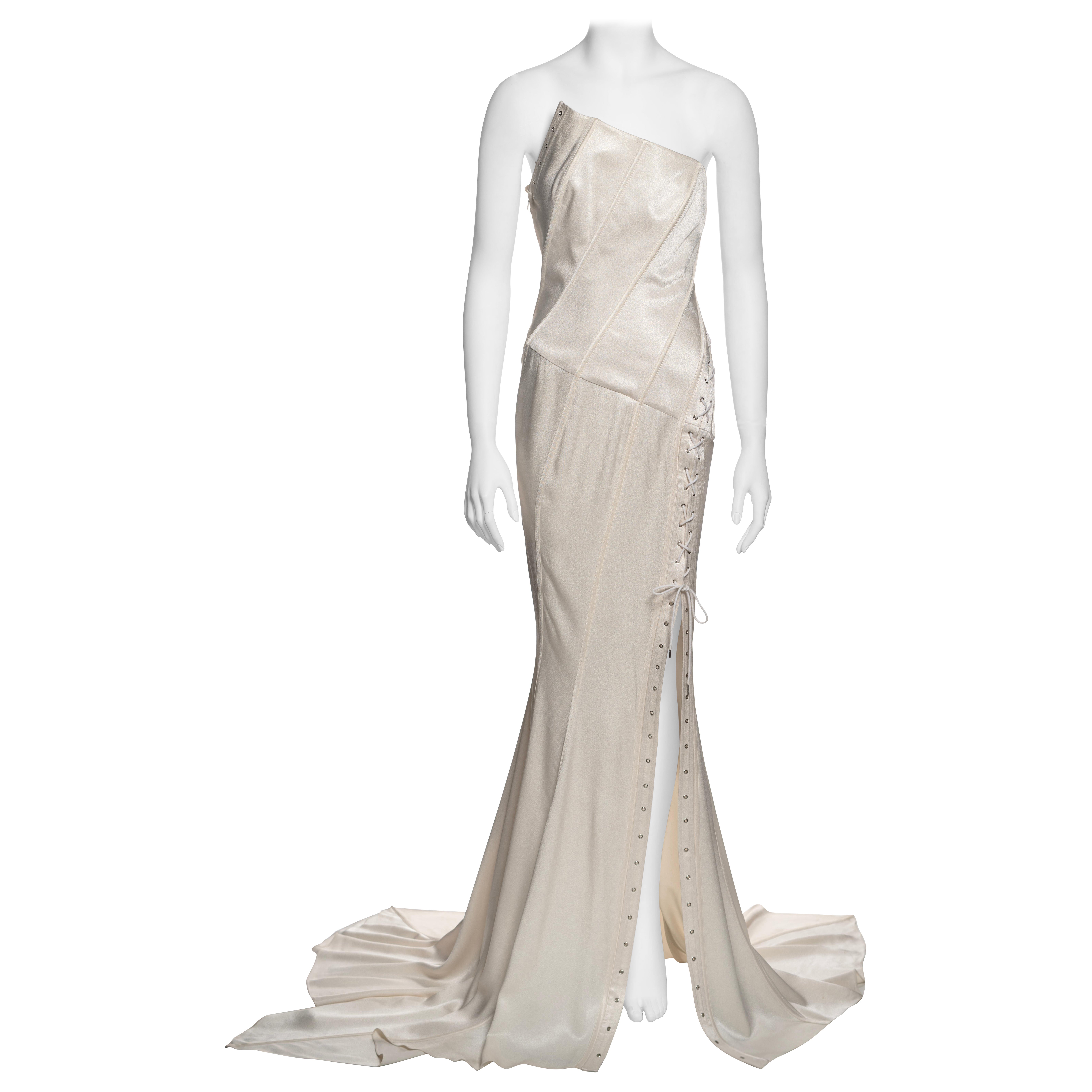 John Galliano White Bias-Cut Satin Strapless Corset Dress with Train, SS 2000 For Sale