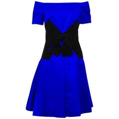 1980's Scaasi Royal Blue Satin and Black Velvet Cocktail Dress 11