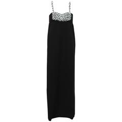 Early 1960s Galanos Black Wool Gown with Floral Rhinestones