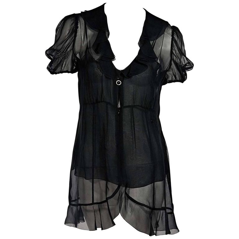Black Chanel Ruffled Silk Top For Sale at 1stdibs