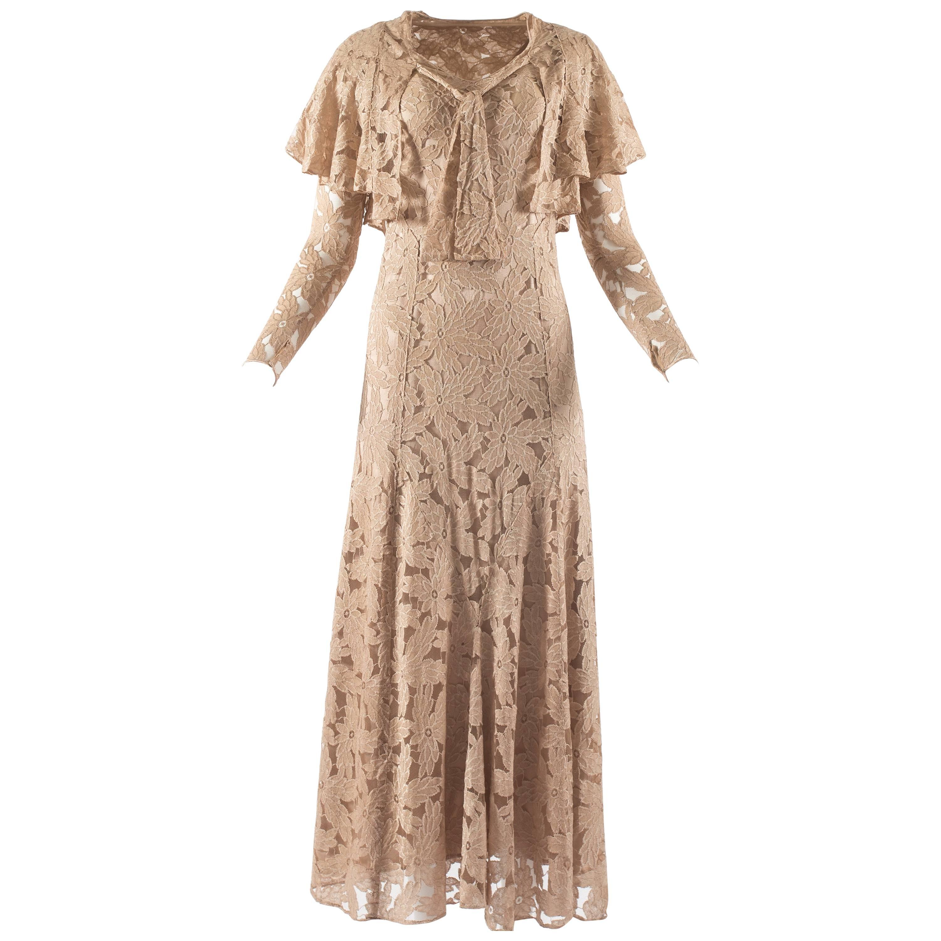 1930s champagne silk lace bias cut evening dress and bolero 