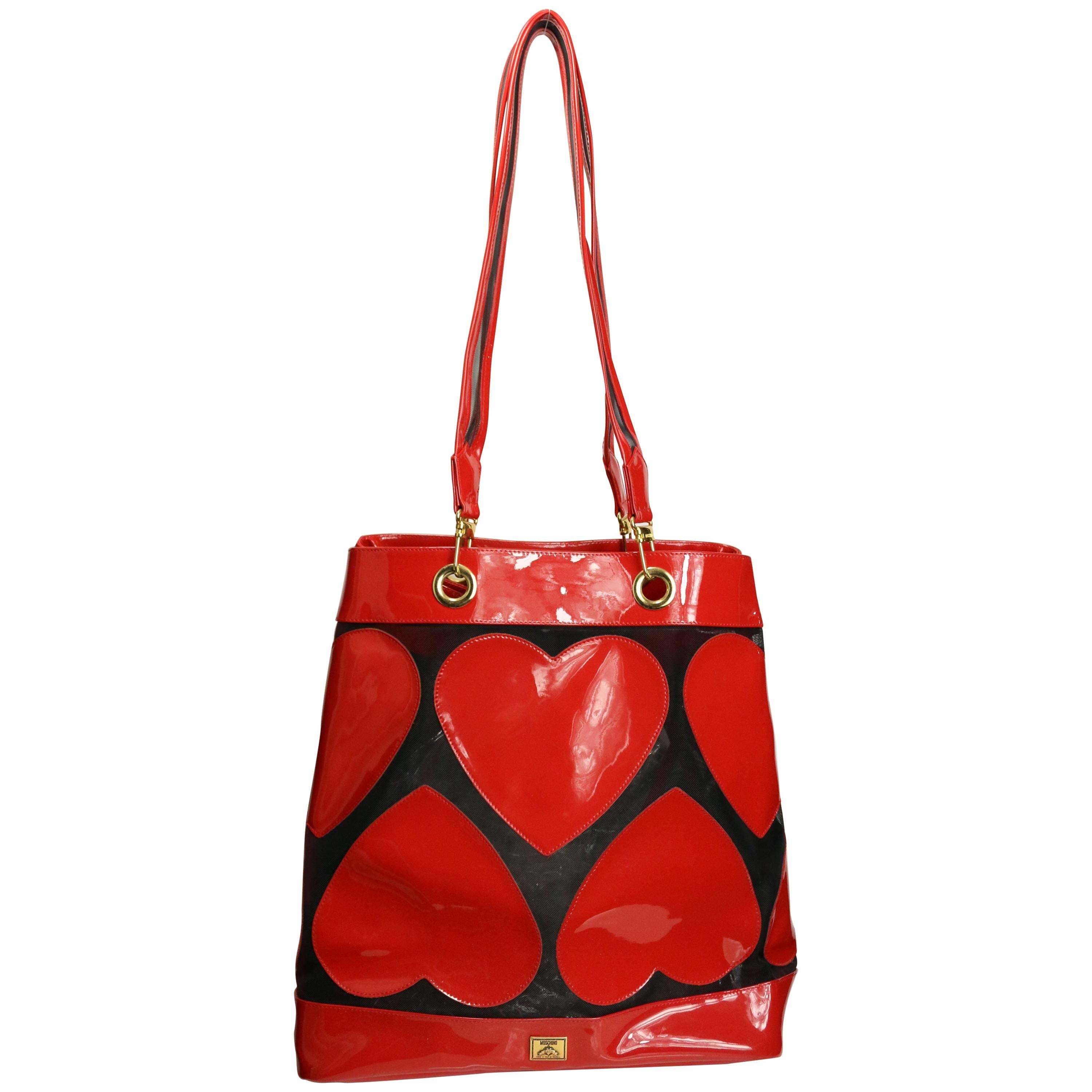 Moschino Red Heart Patent and Mesh Tote Bag For Sale