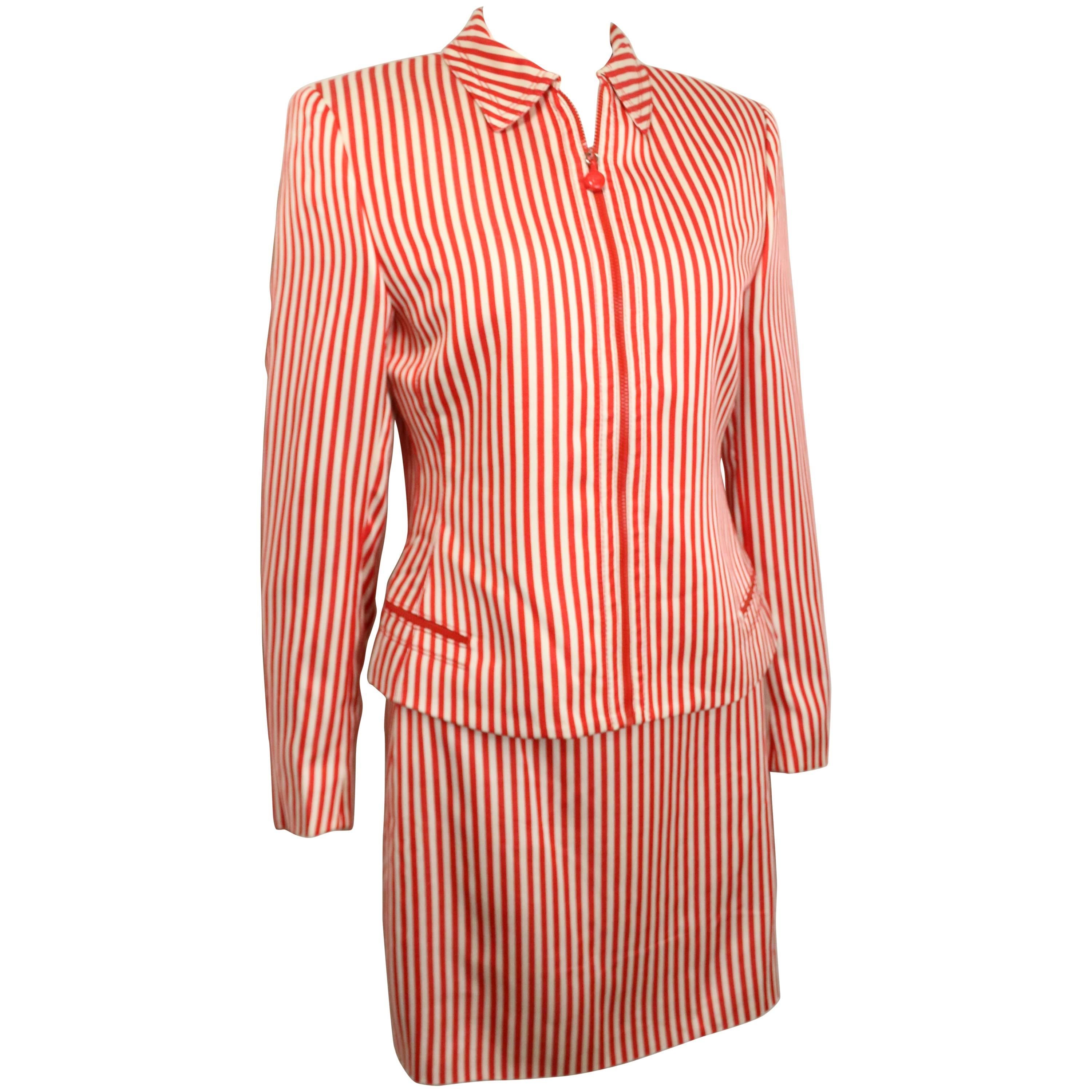 Gianni Versace Couture Red and White Stripe Silk Jacket and Skirt Ensemble