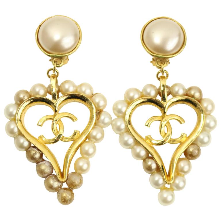 Chanel Faux Pearl Gold Toned Setting CC Heart Shaped Clip On Earrings