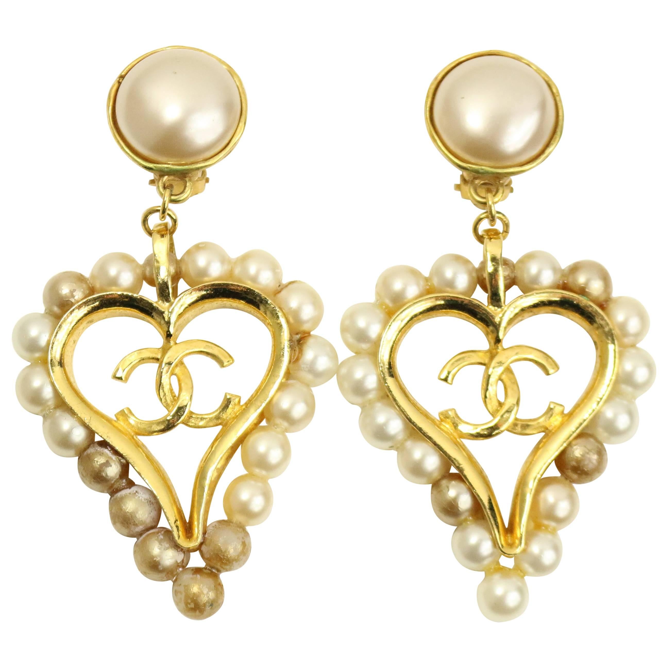 Chanel Faux Pearl Gold Toned Setting "CC" Heart Shaped Clip On Earrings 