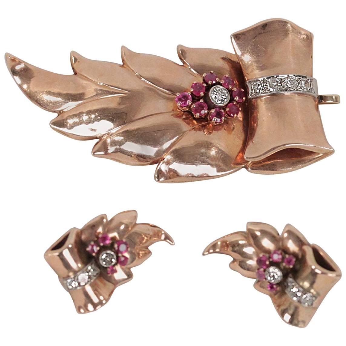 VINTAGE 14k Rose Gold DECO PARURE EARRINGS & BROOCH Set w/Diamonds & Rubies