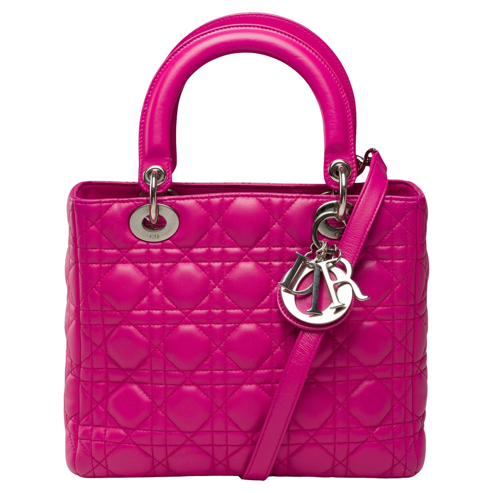 Correa de bolso Lady Dior Medium (MM) muy chic en piel cannage rosa, PHW en venta
