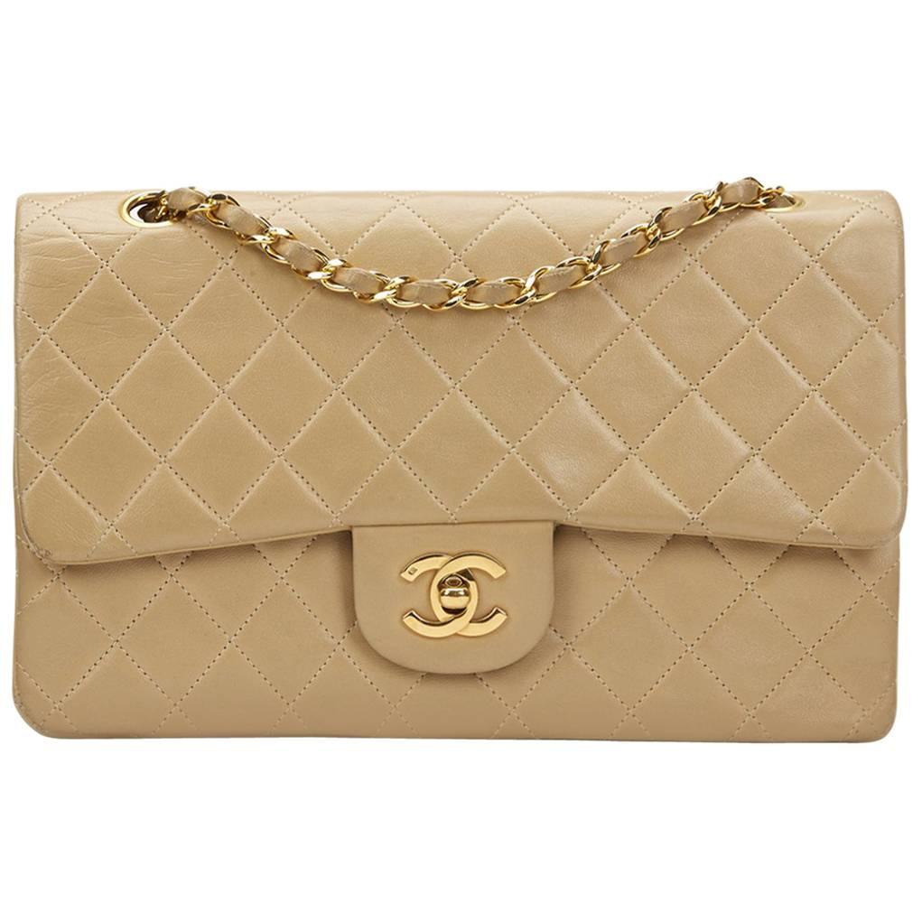 1990 Chanel Beige Quilted Lambskin Vintage Medium Classic Double Flap Bag