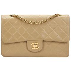 1990 Chanel Beige Quilted Lambskin Vintage Medium Classic Double