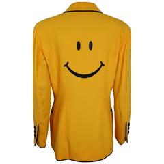 Vintage Moschino Couture Yellow Iconic "Smiley Face" Black Piping Blazer