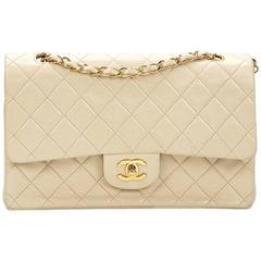 1990s Chanel Ivory Quilted Lambskin Vintage Medium Classic Double Flap Bag