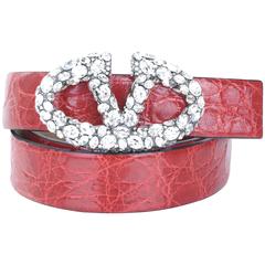 Valentino Garavani Red Crocodile Belt with Large Rhinestone Buckle 3