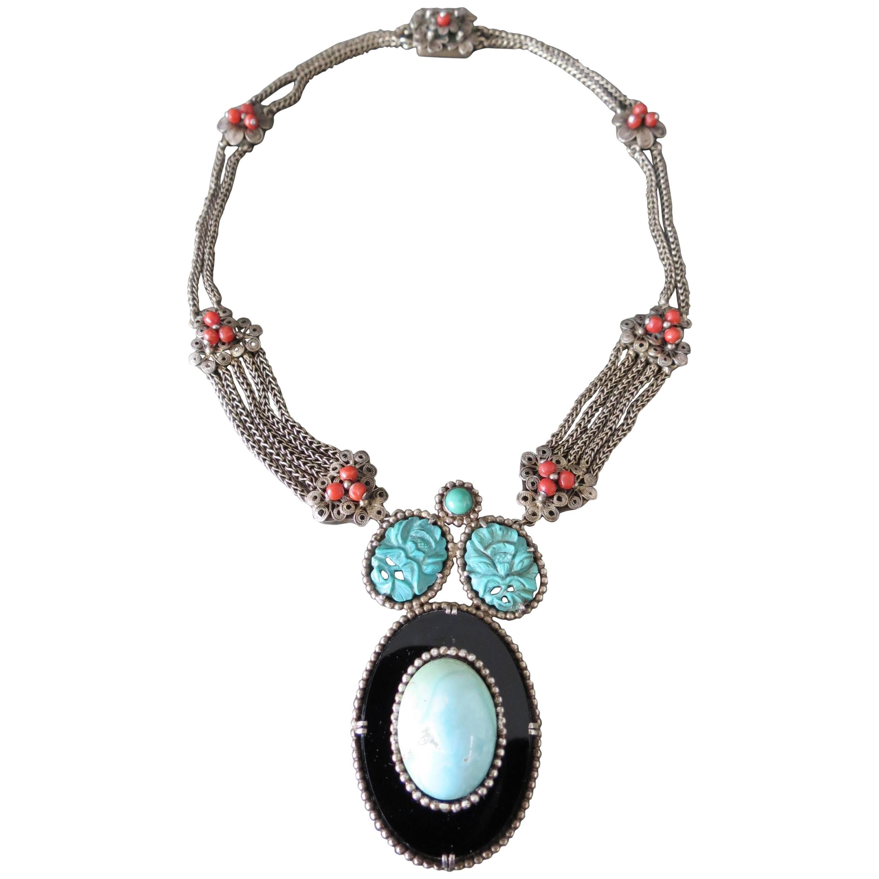 Vintage Chinese Silver Carved Turquoise Coral Onyx Filigree Necklace For Sale