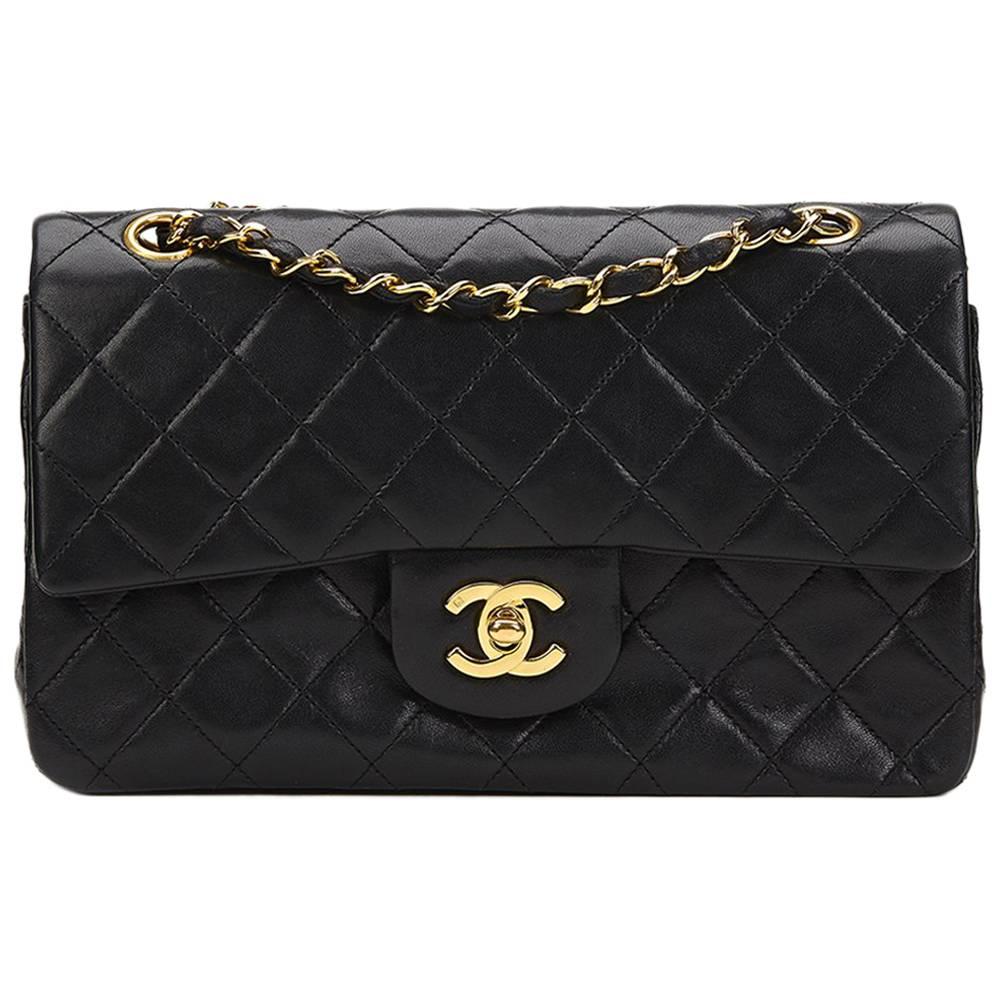 Chanel Black Quilted Lambskin Vintage Small Classic Double Flap Bag 1990s  