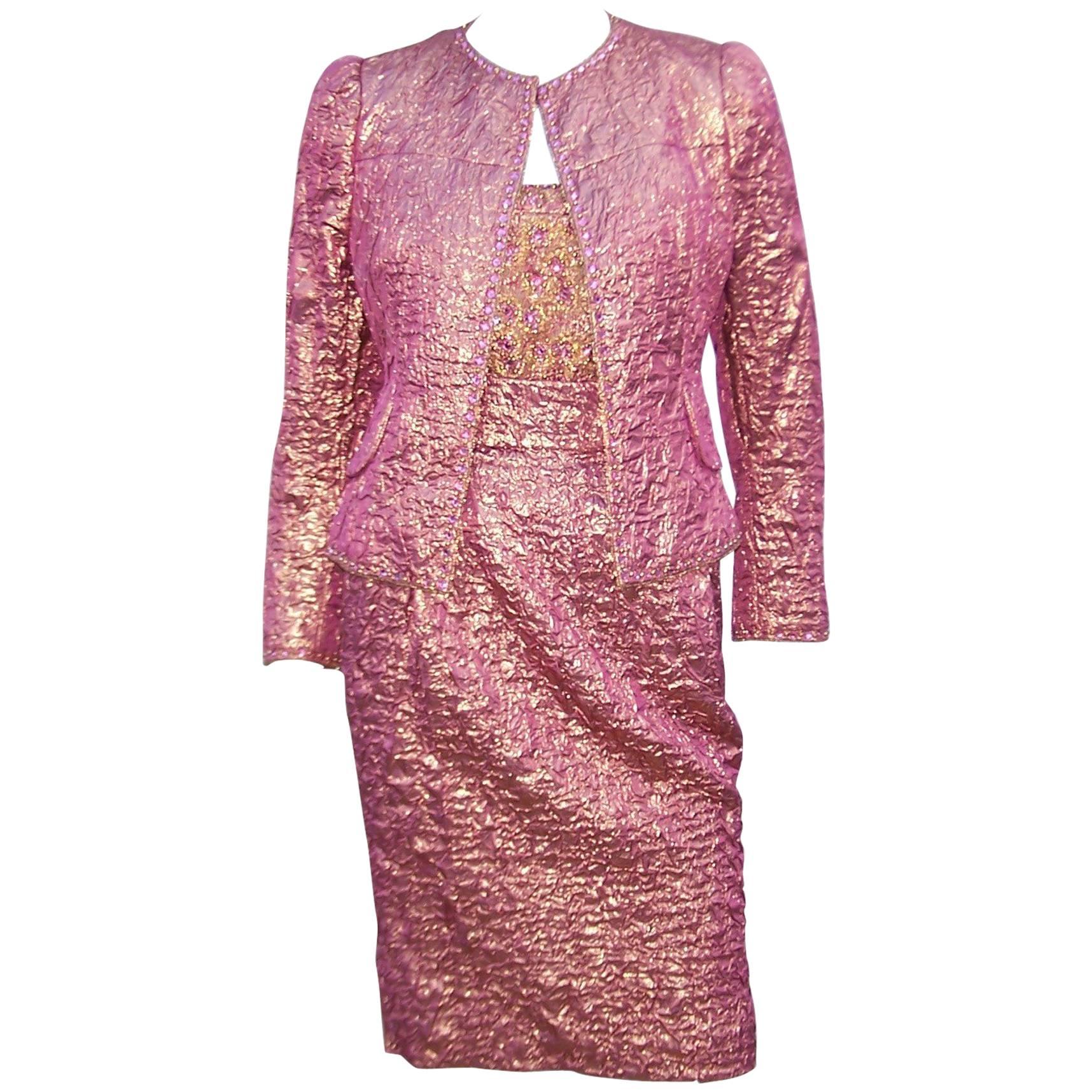 Futuristic Glam 1970's Adolfo Pink & Gold Cocktail Suit