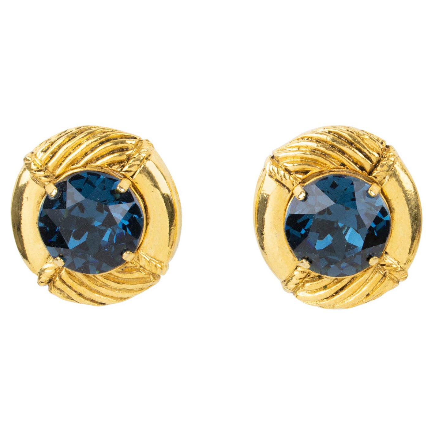 Sonia Rykiel Clip Earrings Gilded Metal and Blue Crystal Rhinestones