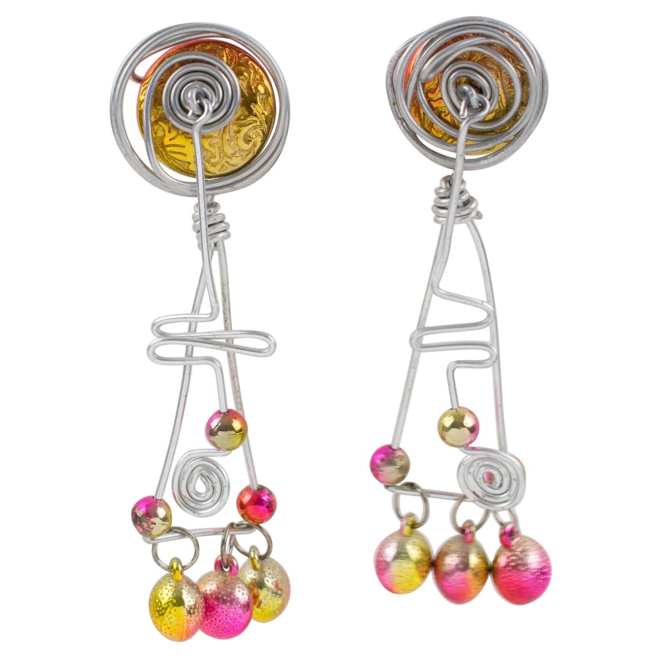 Space Age Futuristic Aluminum and Iridescent Beads Clip Earrings