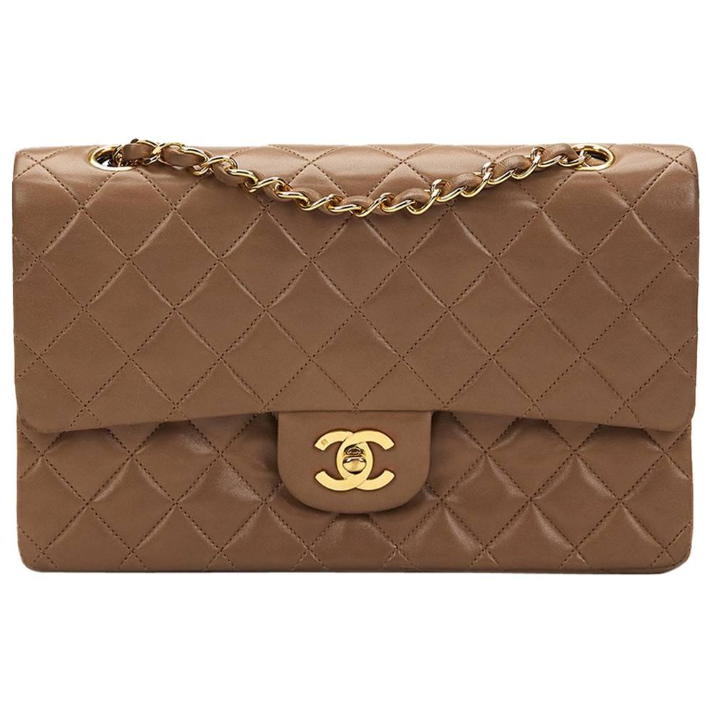 1990s Chanel Light Brown Quilted Lambskin Medium Classic Double Flap Bag
