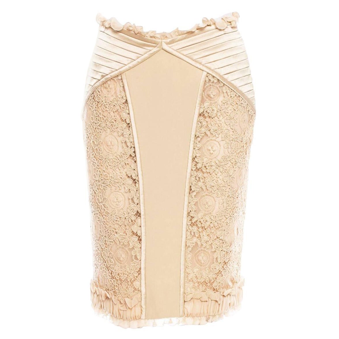 NWT Valentino Vintage S/S 2002 Champagne Sheer Lace Romantic Ruffle Skirt US 6 For Sale