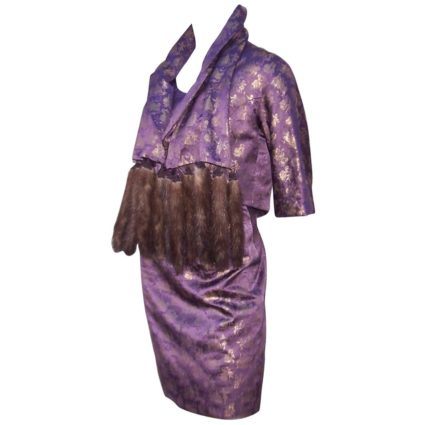 C.1950 Purple & Gold Toile Wiggle Dress With Jacket & Mink Scarf