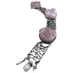 Vintage Mid Century Silver Rock Amethyst Modernist Signed Bracelet