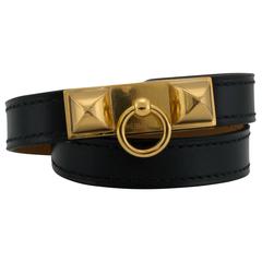 Hermes Bracelet Rivale Double Tour Epsom Leather Black Color S Size Gold Hardwar