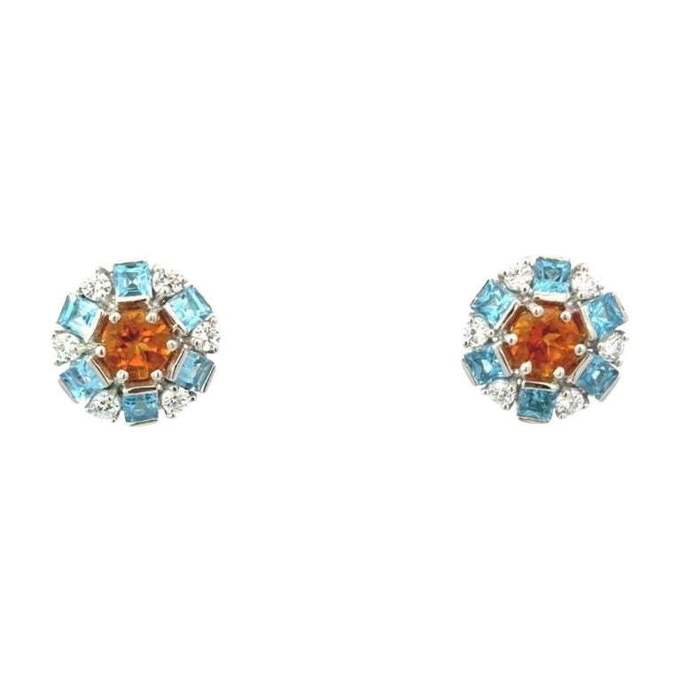 Small Blue Topaz Citrine Round Earrings in Sterling Silver Pushback Stud for Mom For Sale