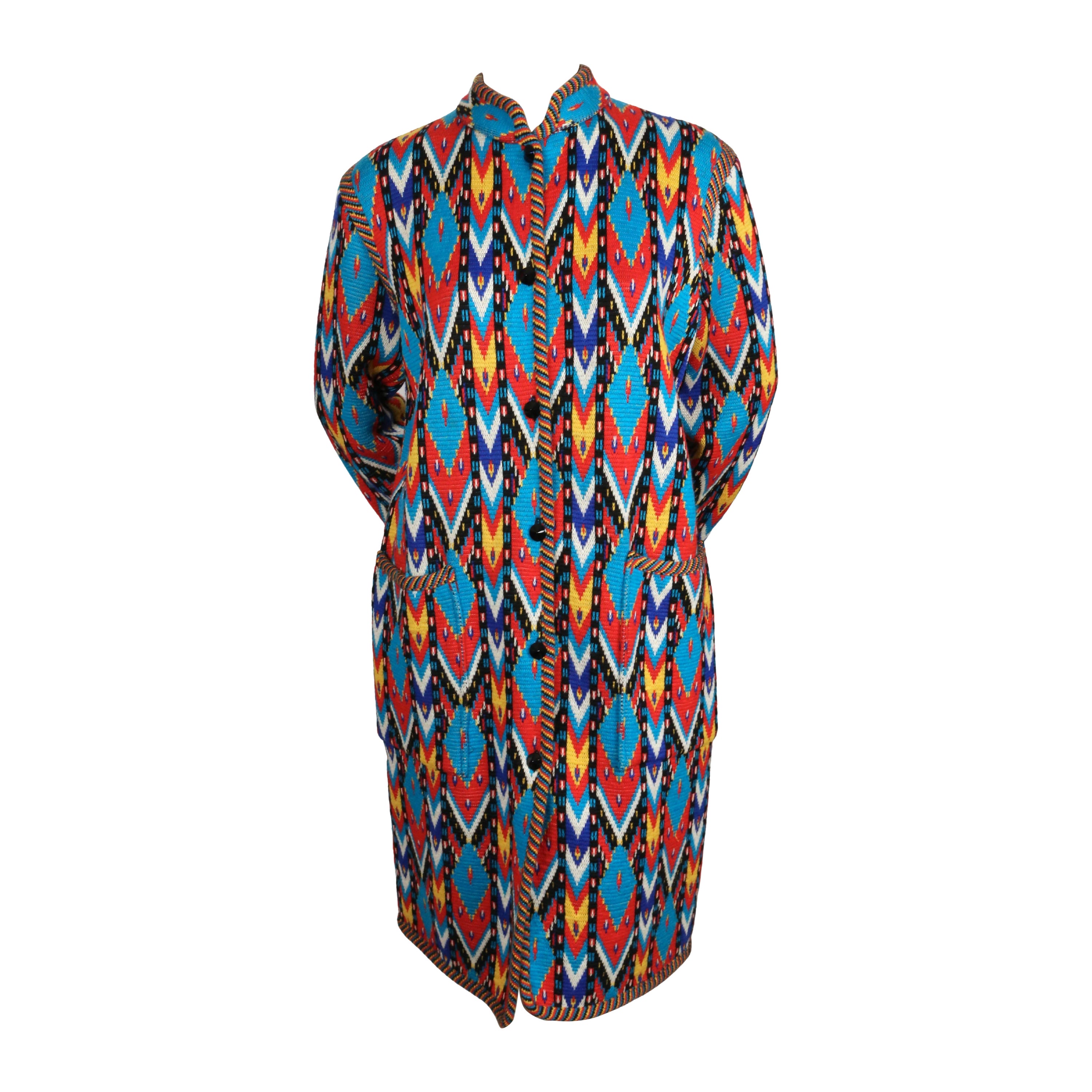 1980 YVES SAINT LAURENT bright Ikat sweater coat For Sale