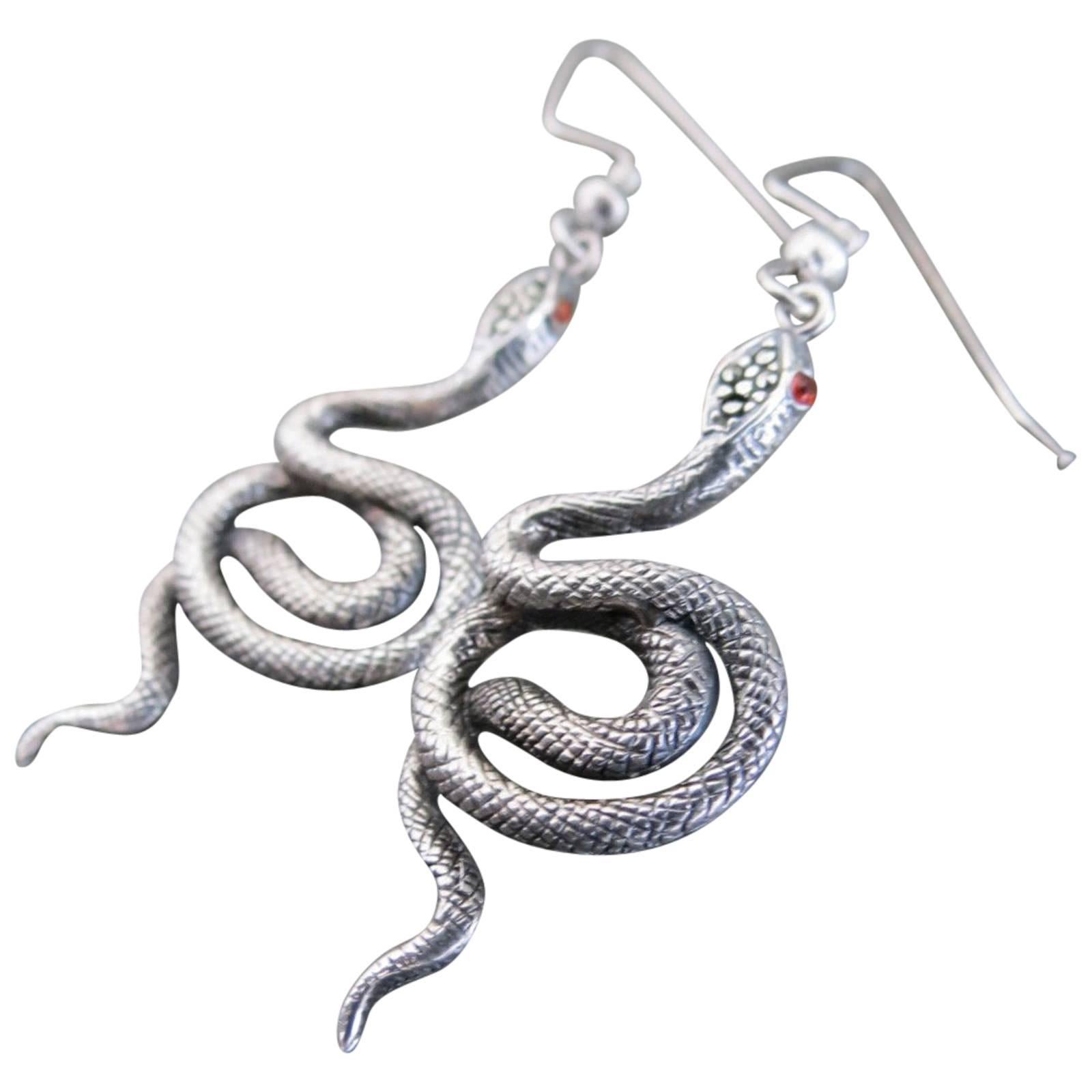 Vintage Art Deco Silver Snake Garnet Marcasite Earrings For Sale