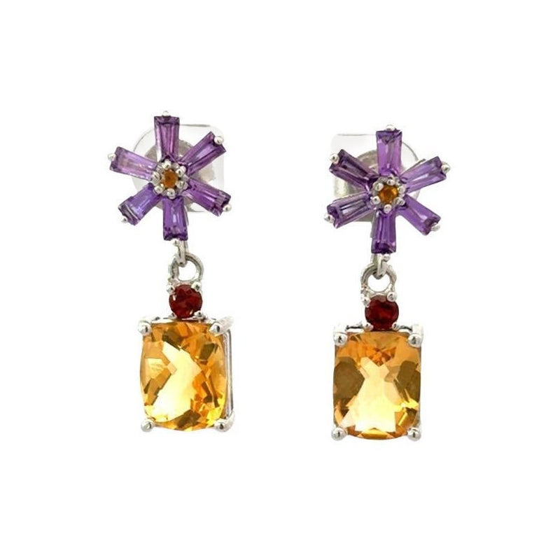 Natural Multi Gemstone Flower Dorp Earrings for Mother Gift In Solid Silver For Sale