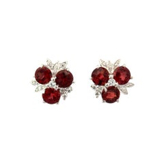 Three Stone Red Garnet Trio Stud Earrings Made in 925 Solid Silver For Mother