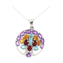 Tree of Life Multi Gemstone Circle Pendant for Mother Gift in Sterling Silver
