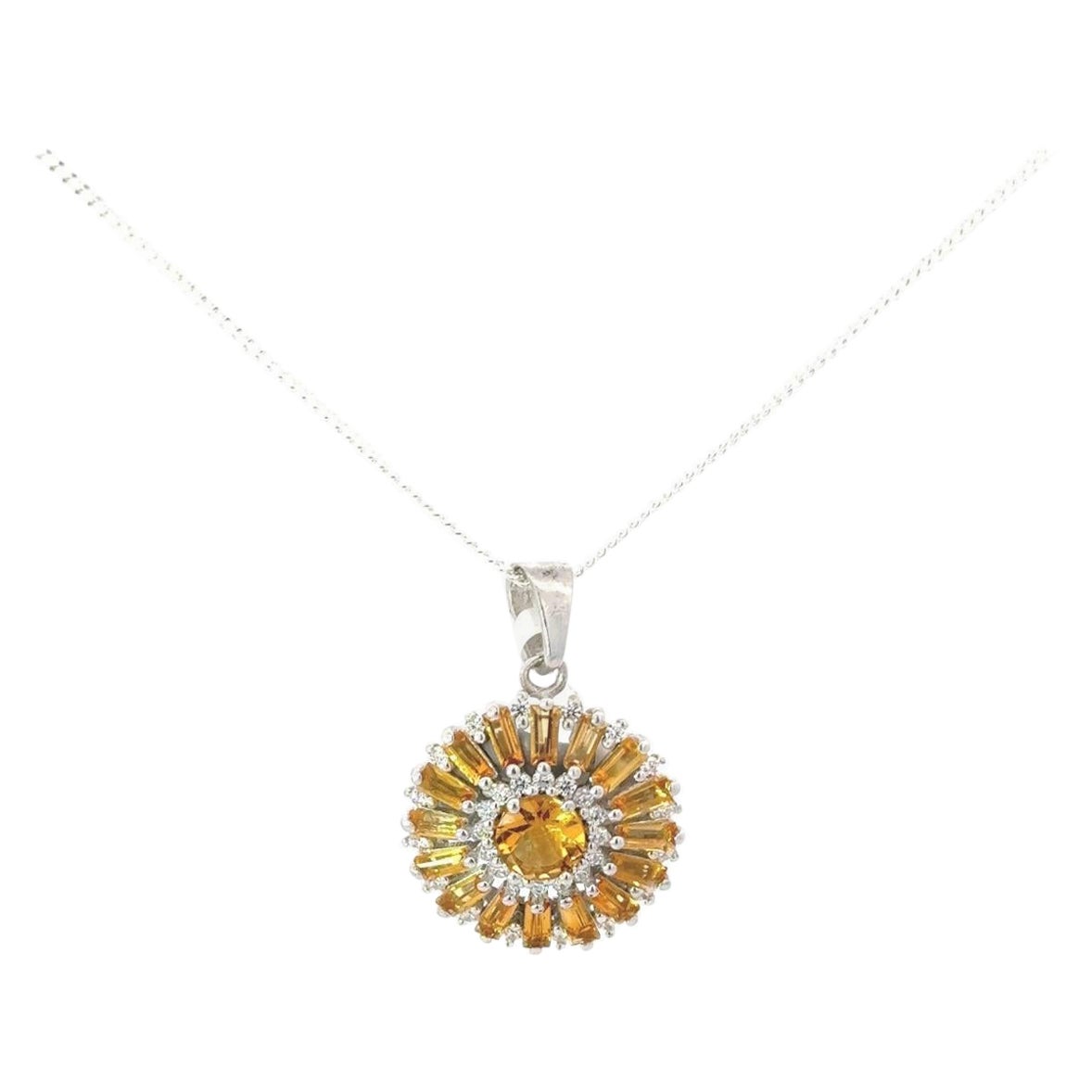 Handmade Floral Citrine Gemstone Sunflower Round Silver Pendant for Mother For Sale