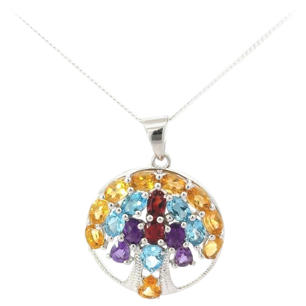 Art Deco Style Tree of Life Circle Multi Gemstone Pendant for Graduation Gift For Sale