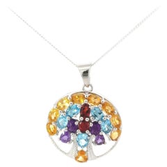 Art Deco Style Tree of Life Circle Multi Gemstone Pendant for Graduation Gift