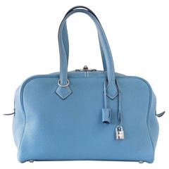 Hermes 35 Victoria II Bag Blue Jean Palladium-Hardware