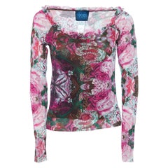 Kenzo Jeans Pink Floral Print Knit Ruffled Neck Top XL