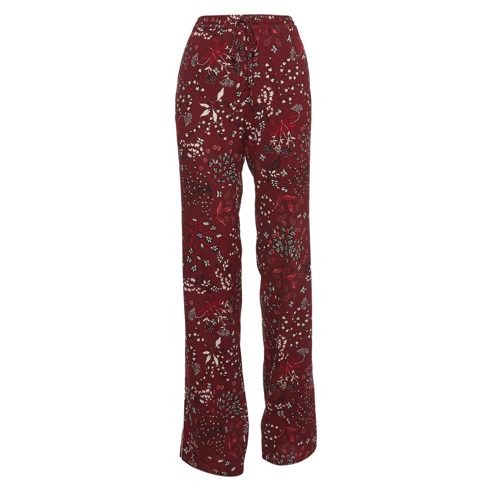 Max Mara Studio Pantalones palazzo de crepé con cordón y estampado floral burdeos M