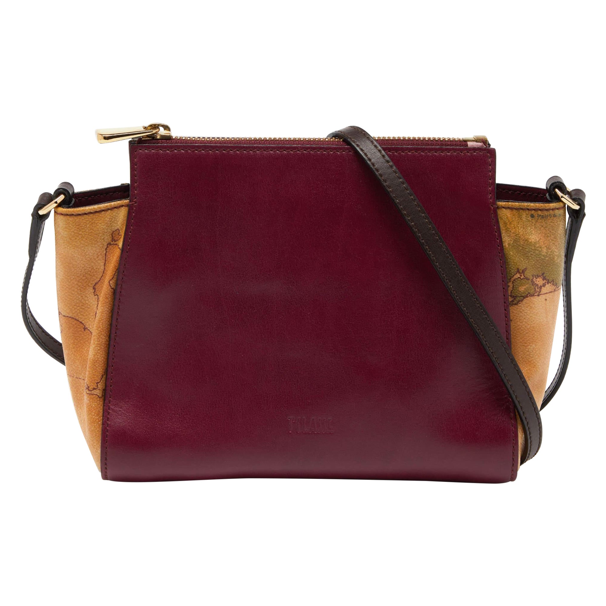 Alviero Martini 1A Classe Burgundy Geo Print Coated Canvas Leather Crossbody Bag