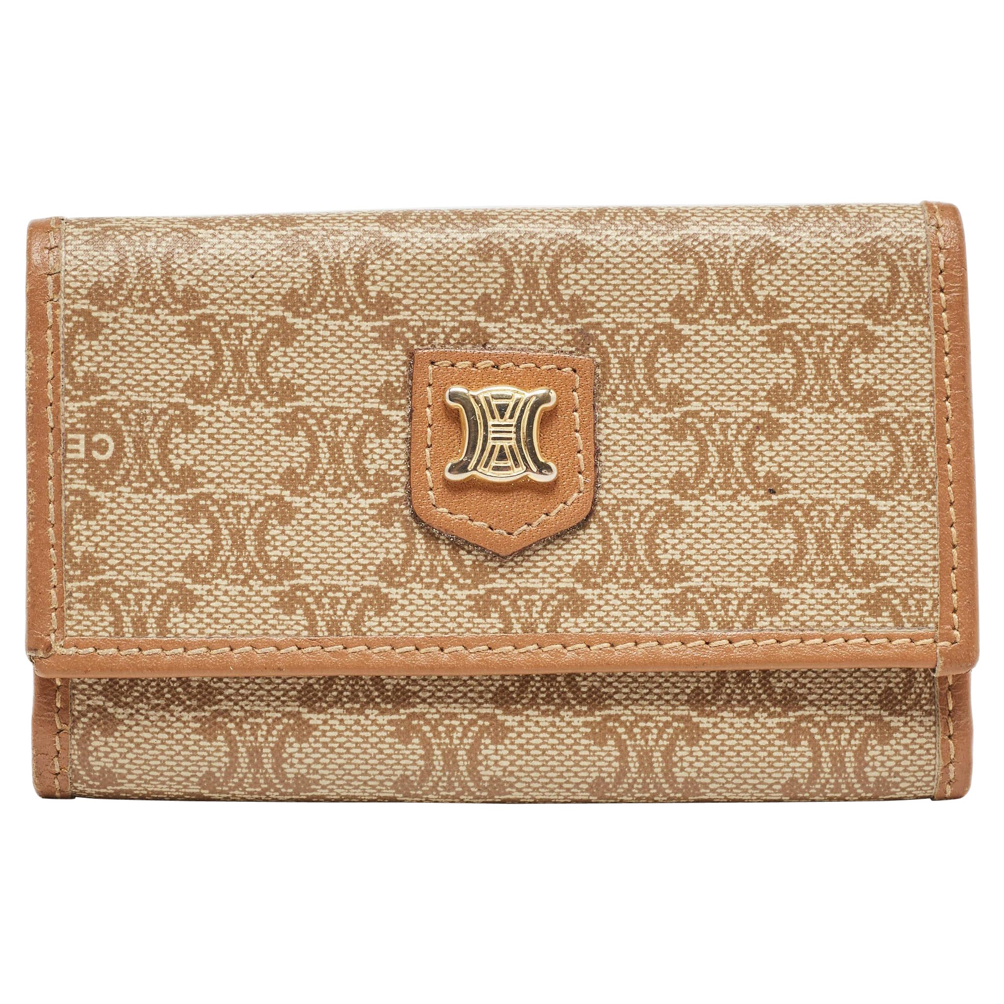 Celine Beige/Brown Macadam Coated Canvas and Leather Keyring Case For Sale