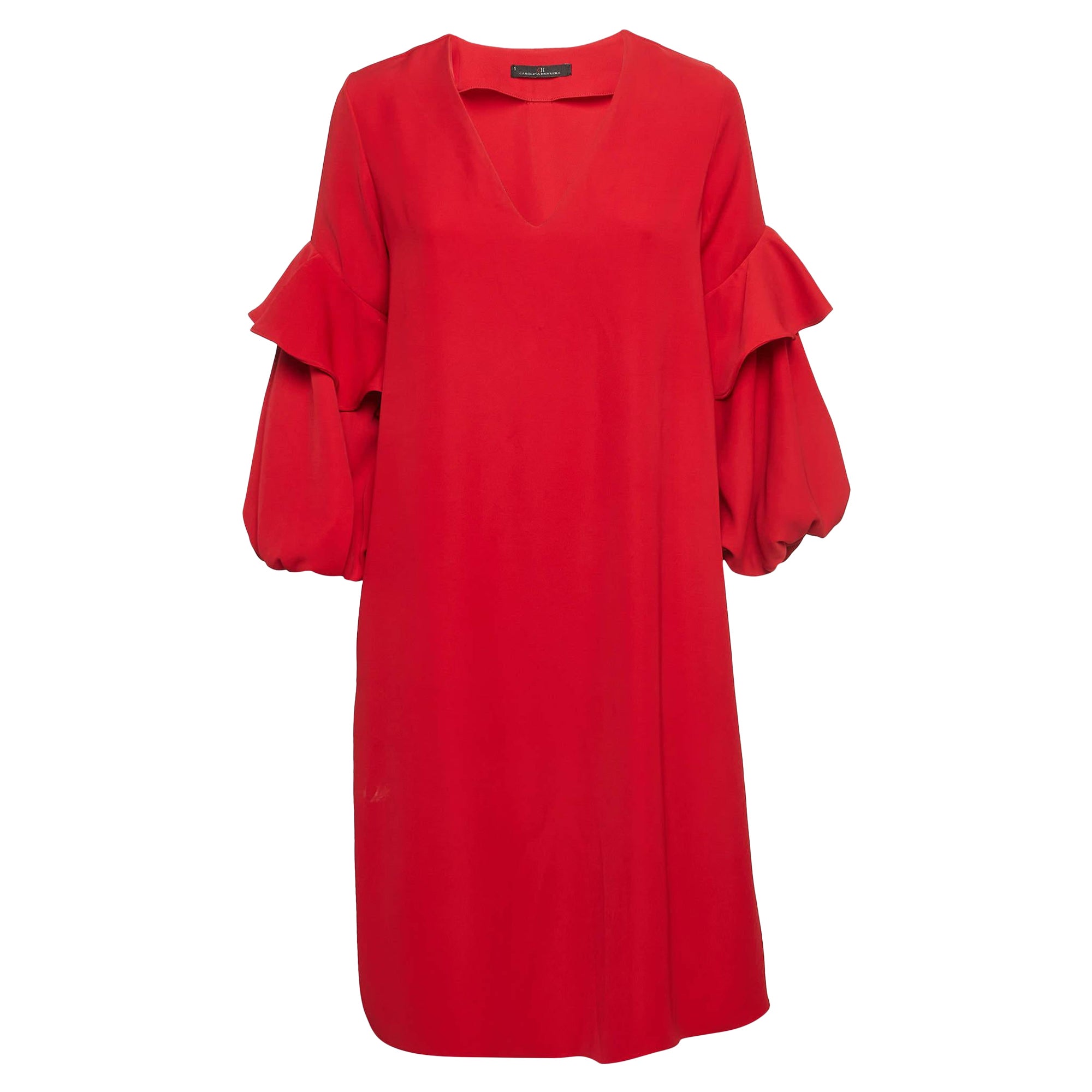 Robe courte Carolina Herrera rouge en crêpe extensible à manches ballons S CH