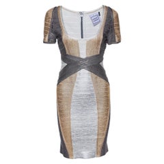 Herve Leger Metallic Foil Print Knit Carolyn Bandage Dress M