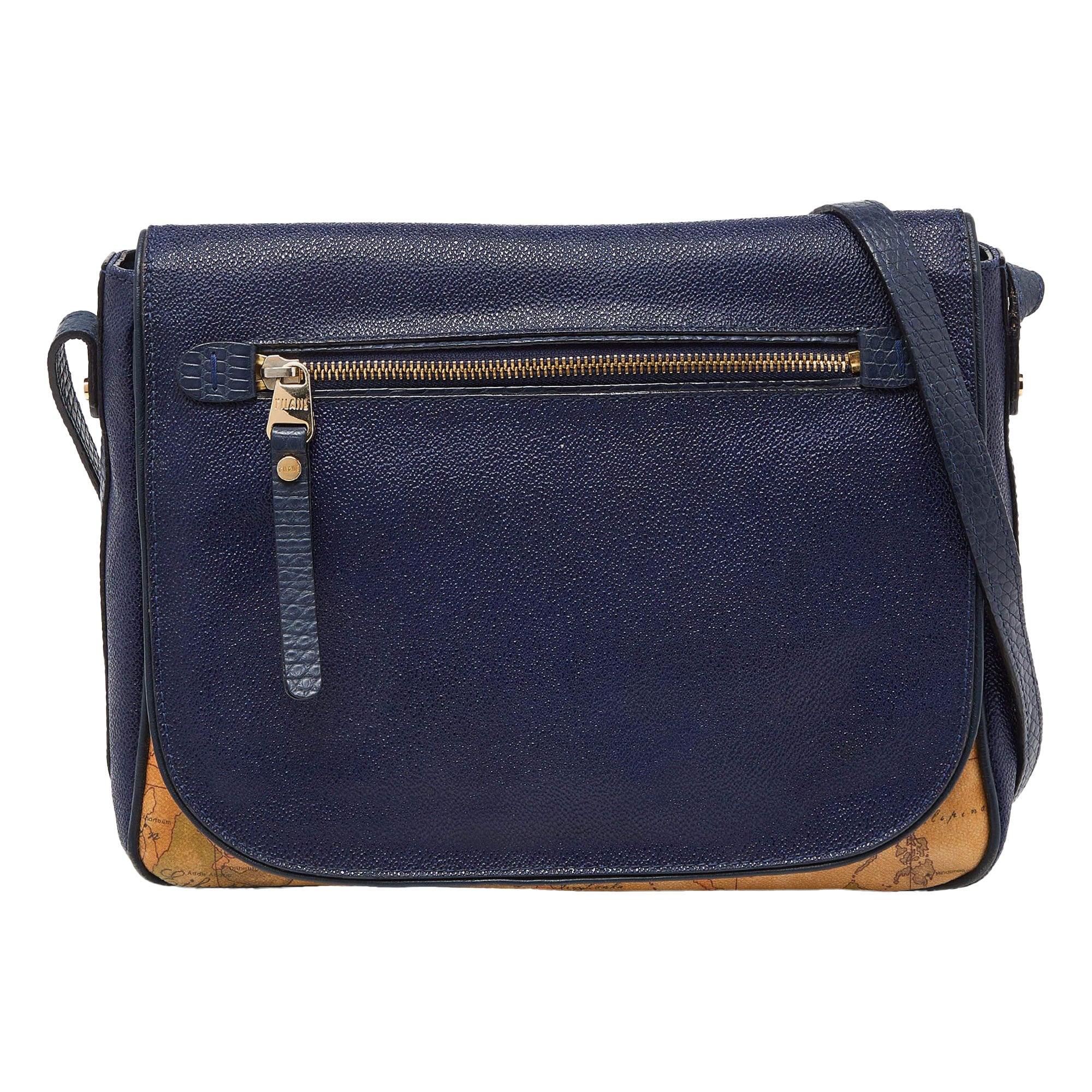 Alviero Martini 1A Classe Blue Geo Print Coated Canvas & Leather Crossbody Bag For Sale