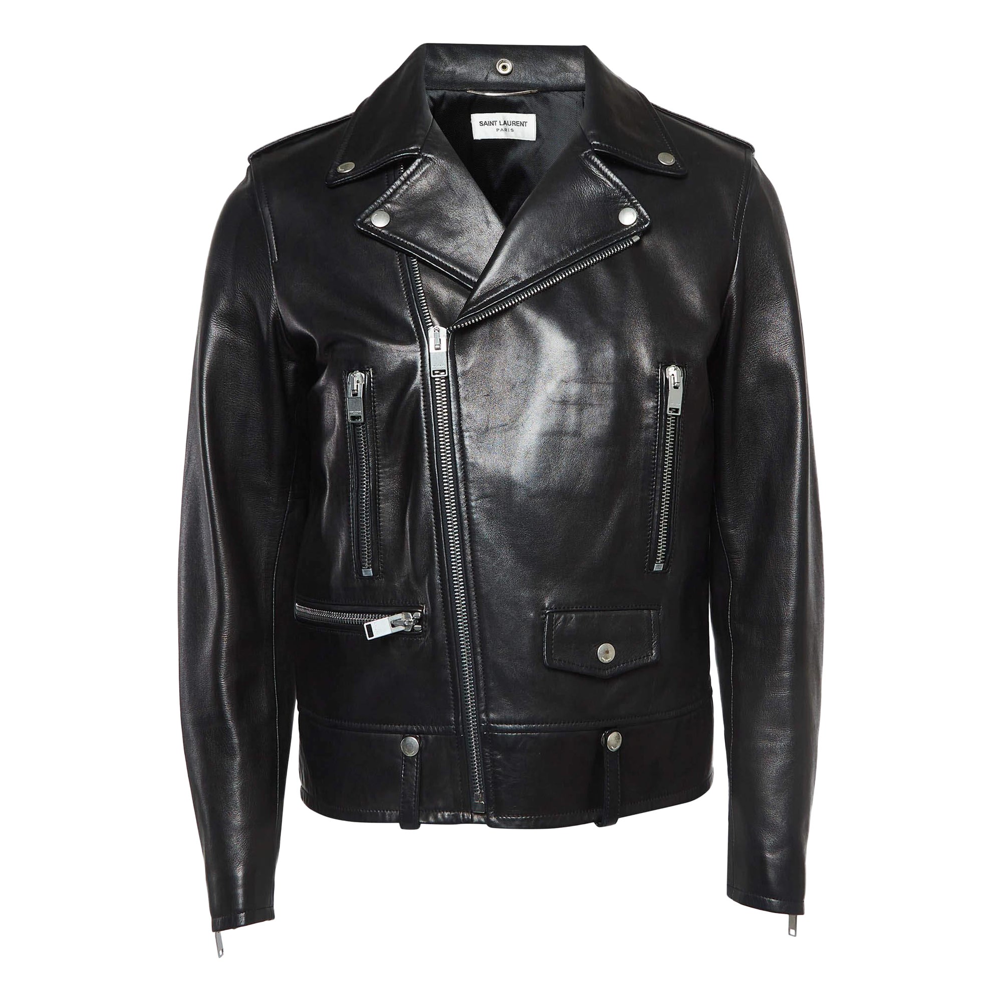 Saint Laurent Paris Black Leather Zipper Detail Riders Jacket XL For Sale